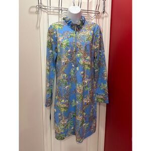 Lilly Pulitzer Half Zip Dress Womens Blue Tiger Jungle Print Ruffle Mock Neck M